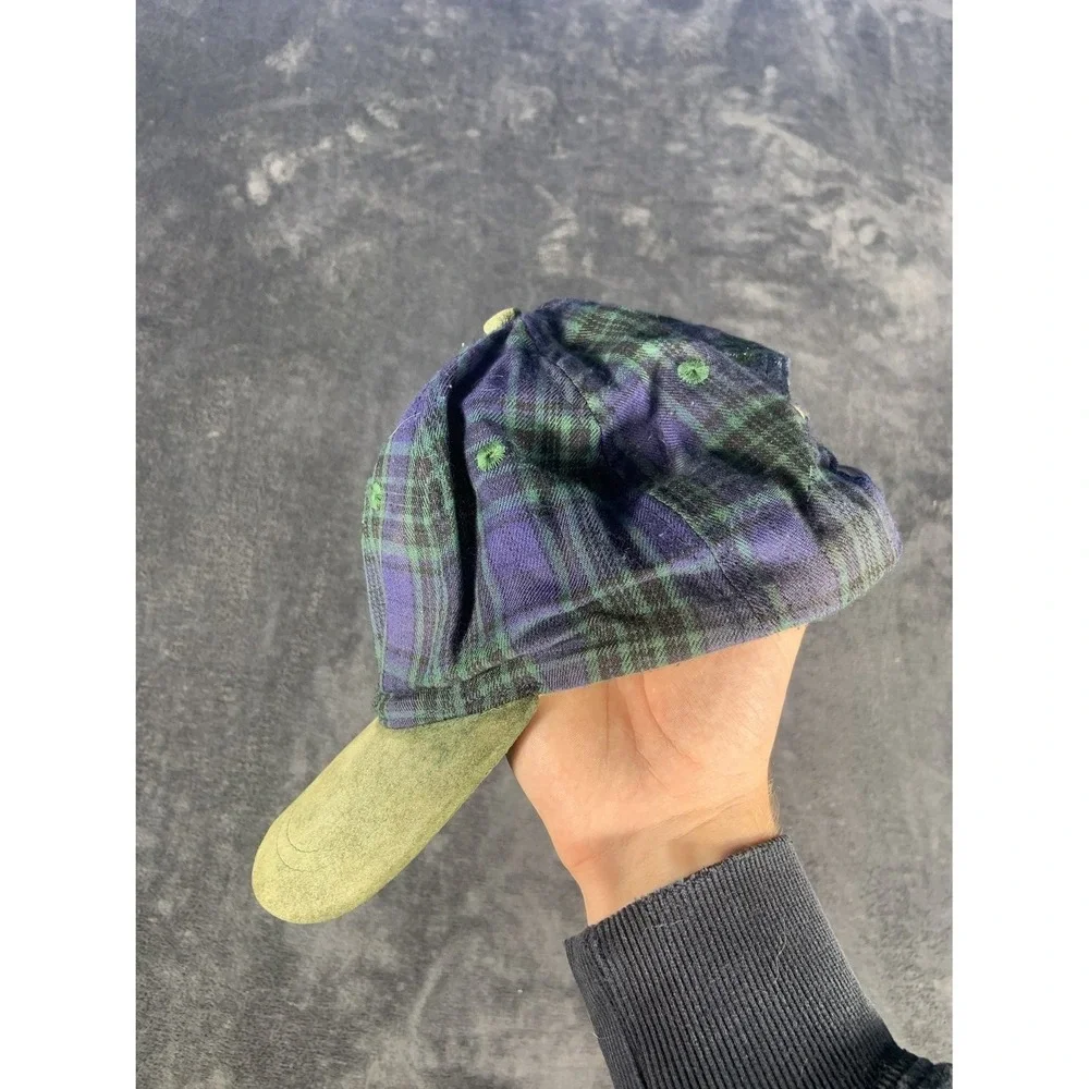 Vintage Disney Mickey Mouse Black Watch Plaid Flannel Snapback Hat 90s Cap Suede
